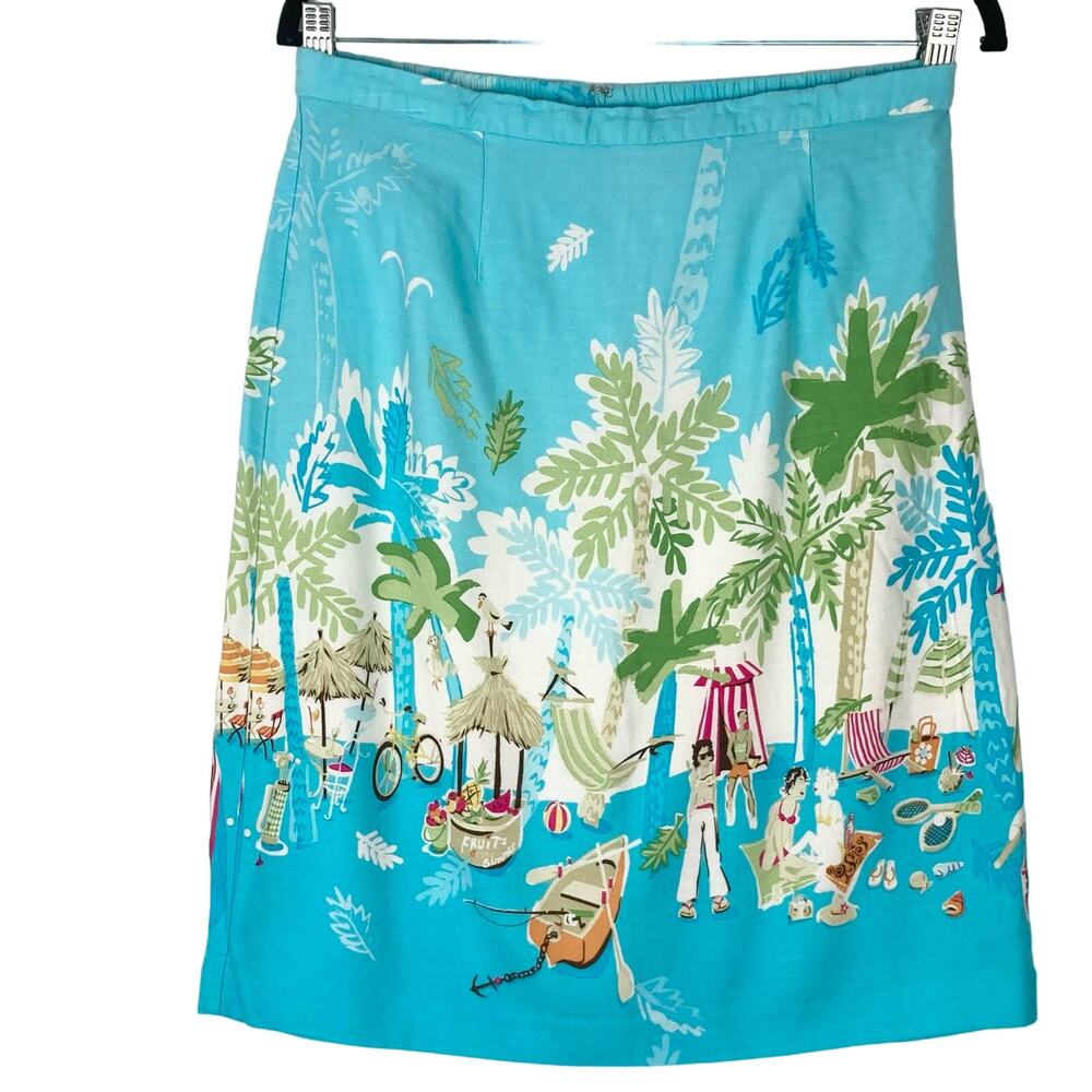 NWOT K PETIT Skirt 12P Tropical People Blue Slit Elastic Waist Multi Knee Zip